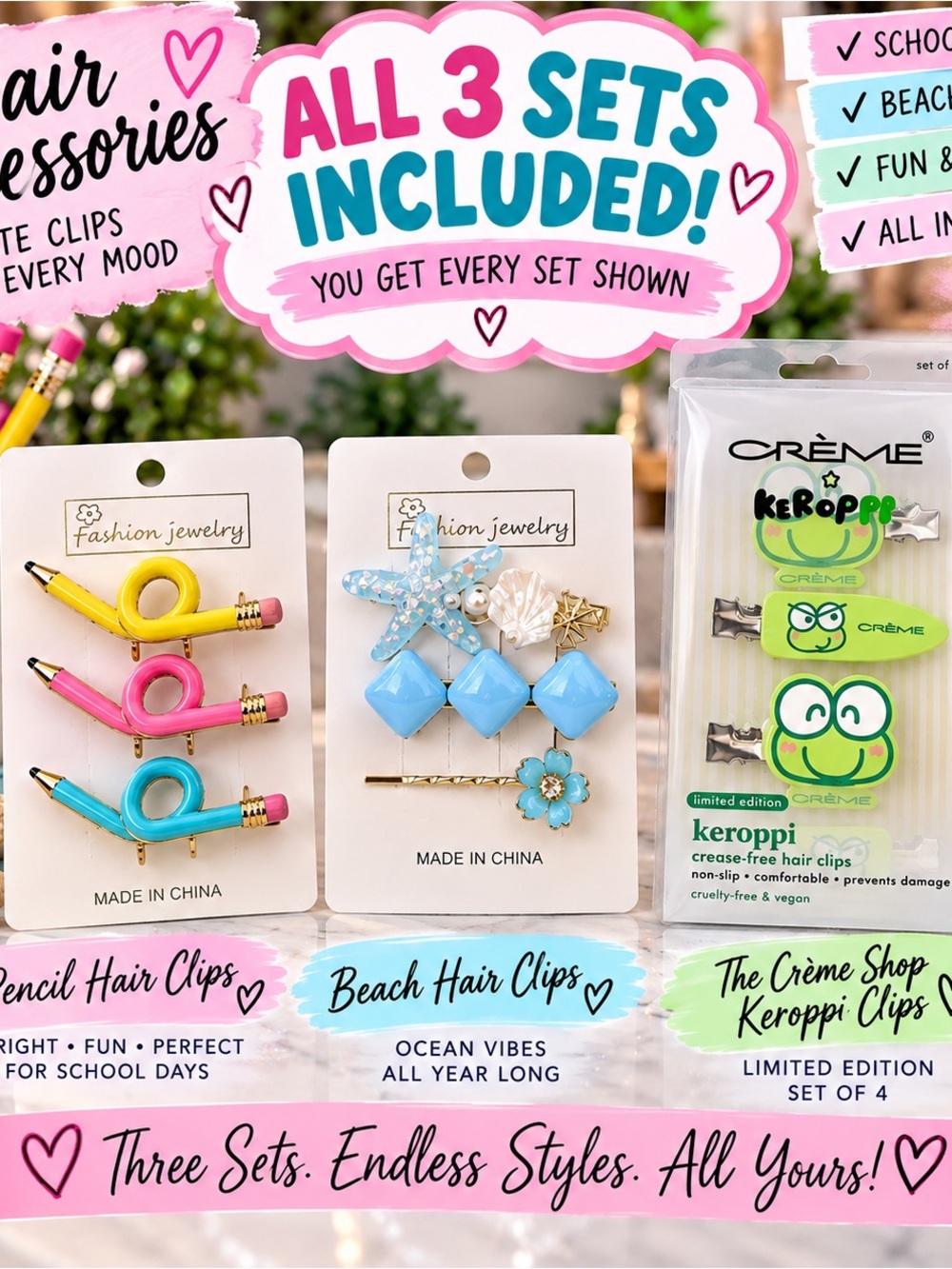 Cute Hair Clip Bundle – 3 Sets – Pencil, Beach & Crème Shop Keroppi